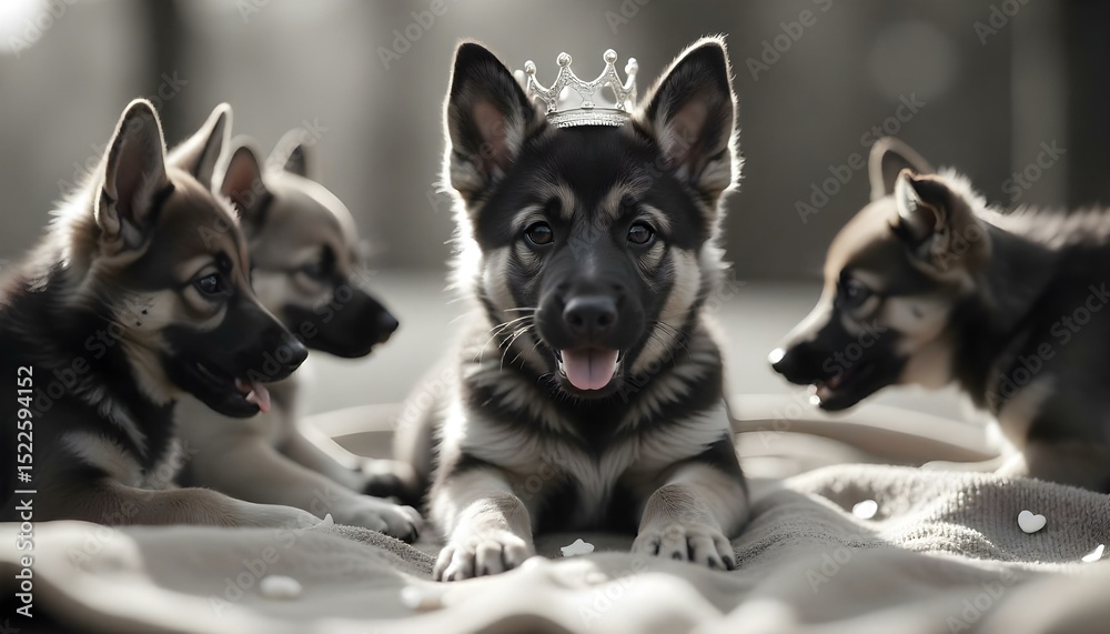 Fototapeta premium A German Shepherd puppy wearing a tiny crown, surrounded by other dogs.