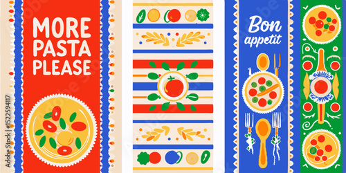 Colorful Italian Food Illustrations with Pasta Tomatoes and Herbs Featuring More Pasta Please and Bon Appetit Texts on Decorative Backgrounds