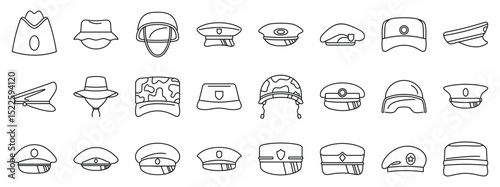 Military caps icons set. Set of outline icons representing various military and police uniform hats, signifying different ranks, roles, and branches of service
