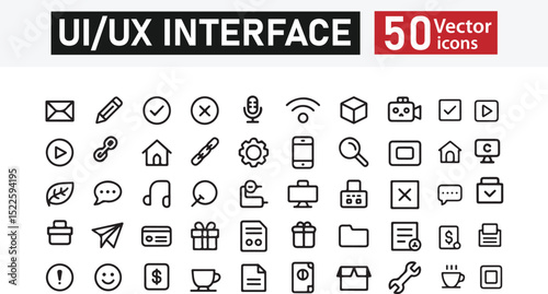 Set of 50 Minimalist Line Icons for Web, UI/UX, and App Interfaces – Includes Essentials Like Home, Mail, Media, Settings, Files, and Notifications – Vector Illustration