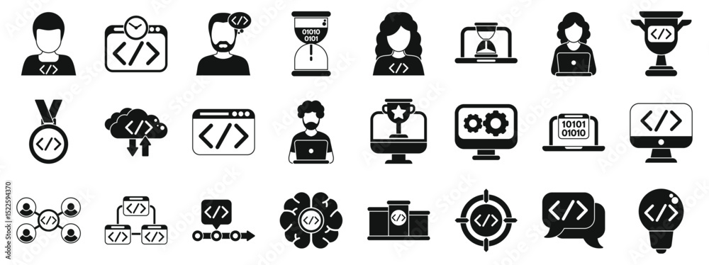 Hackathon icons set. Collection of icons representing coding and programming concepts Hackathon icons set. Collection of icons representing coding and programming concepts