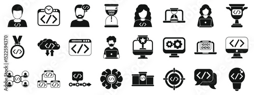 Hackathon icons set. Collection of icons representing coding and programming concepts