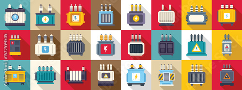 Transformer energy icons set. Electric transformers ensuring stable power supply, showcasing diverse designs and configurations for efficient energy distribution