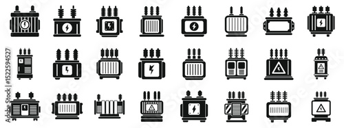 Transformer energy icons set. Different types of electric transformers converting voltage levels in power distribution systems