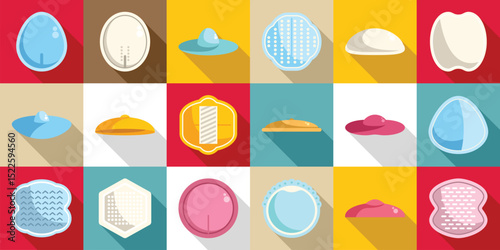 Breast pads icons set. Set of nipple covers presenting different shapes, colors, and textures, providing options for discreet breastfeeding