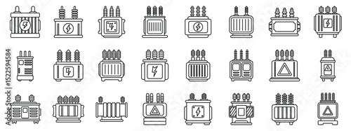 Transformer energy icons set. Set of outlined transformer icons in different styles and designs