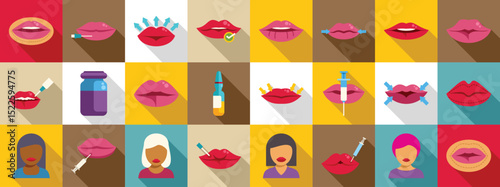Lip injections icons set. Various methods of lip augmentation and cosmetic procedures involving injections and other treatments