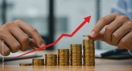 Hand stacking coins while a red arrow goes up in the background symbolizing financial growth