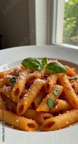 Close up of penne pasta dish with tomato sauce basil and parmesan on a white plate near a window