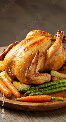 A golden roasted chicken on a wooden platter with carrots asparagus and potatoes displayed beautifully