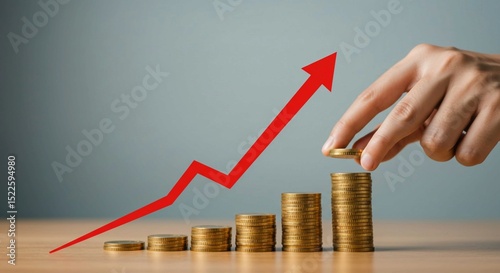 Hand stacking coins while a red arrow goes up in the background symbolizing financial growth