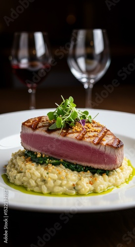 Seared tuna steak served on risotto with wine glasses in a restaurant setting close up view