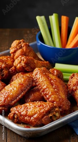 A close up of chicken wings on a tray with celery and carrots in a blue bowl on a wooden surface