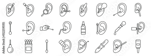 Ear canal cleaning icons set. Essential tools for ear piercing and aftercare, featuring cleaning solutions, piercing guns, and various earring insertion tools