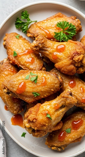 A plate of crispy chicken wings drizzled with a sweet and spicy sauce and garnished with fresh parsley