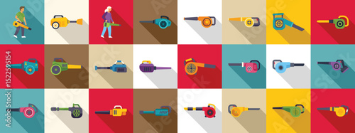 Blower leaves icons set. Collection of colorful icons showcasing diverse leaf blower models used by gardeners and janitors for efficient leaf removal and cleaning