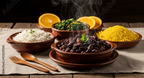 A vibrant spread of feijoada with rice oranges greens and farofa in rustic bowls on a wooden table