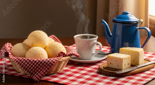 Still life of cheese bread in basket with coffee and cheese on a red checkered tablecloth table