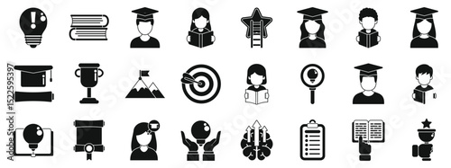 Motivation study icons set. Collection of icons representing education, learning, graduation, knowledge, personal growth and academic success