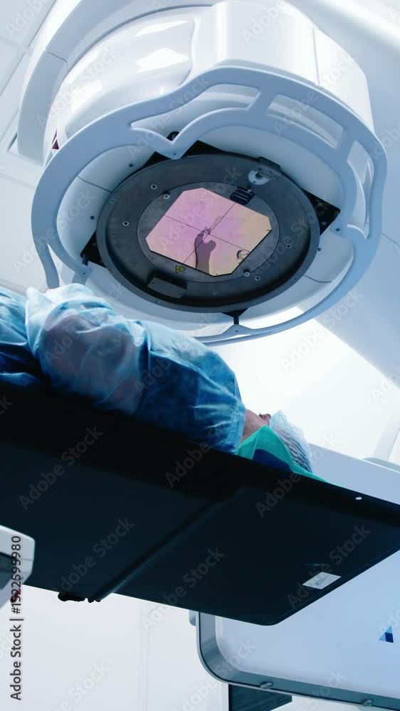 Vertical Video. A patient undergoing radiation therapy. Medical linear ...