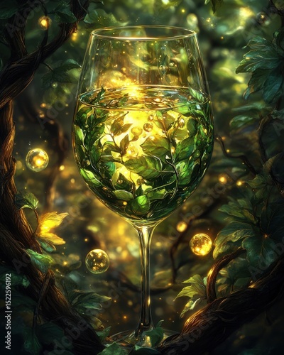 Elven wine glass glowing with green light, surrounded by magical leaves and soft floating orbs