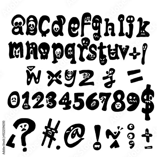 Skull cartoon font Hand-Drawn Typography   uppercase letter  a-z ,character , number 