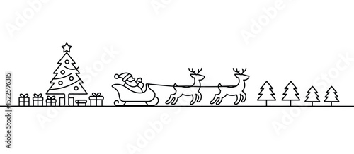 Santa Claus in Sleigh with Reindeer Christmas Line Art