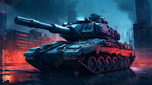 military tank in the park with futuristic lights 
