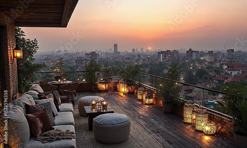 Romantic Rooftop Terrace at Sunset Overlooking Cityscape