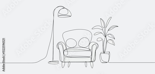 Single Line Drawing of Armchair Floor Lamp and Plant