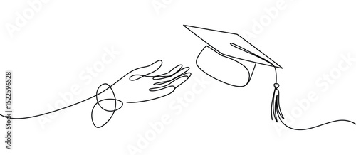 Graduation Cap Falling into Open Hand One Line Art