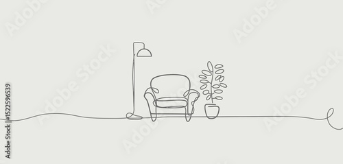 Single Line Drawing of Armchair Floor Lamp and Plant