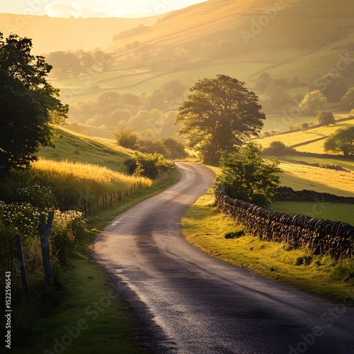 Curving Roadway to Edale Surrounded by Rolling Hills and Green Pastures, road in the countryside