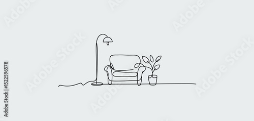 Single Line Drawing of Armchair Floor Lamp and Plant