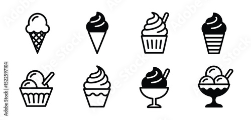 Eight Ice Cream Icons Set Black and White