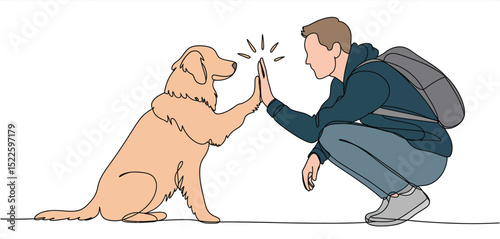 Man and Golden Retriever Giving Each Other a High Five