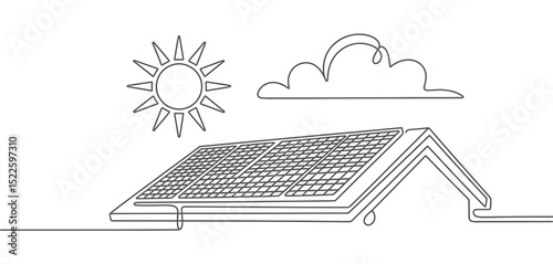 Single Line Drawing of Solar Panels on a Roof with Sun and Cloud