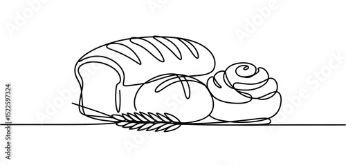 One Line Drawing of Bread Loaf Bun and Wheat