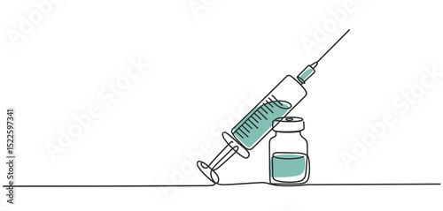 Continuous Line Drawing Syringe and Vaccine Vial