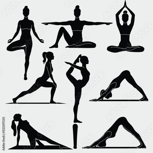 Collection of Nine Yoga Poses Silhouettes for Fitness