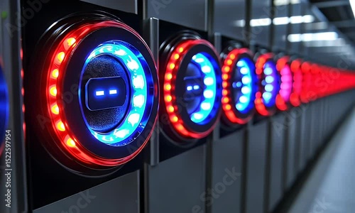 Abstract Close-up of Illuminated Circular Panels with Red and Blue LED Lights