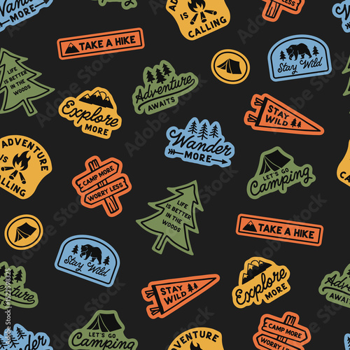 Seamless vector pattern with retro camping-themed badge illustrations and adventure quotes. Includes tents, trees, signs, and typography in bold colors. Great for outdoor and nature designs.