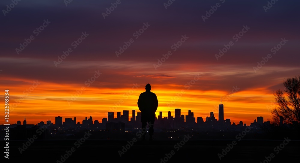 Obraz premium Silhouette of a Man Contemplating a Vibrant City Sunset A Stunning Display of Urban Beauty and Natural Wonder