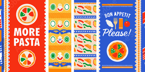 Colorful Italian Food Themed Pattern with Pasta Pizza and Bon Appetit