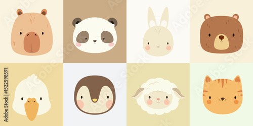 A set of cute animal faces. A simple illustration. Vector.