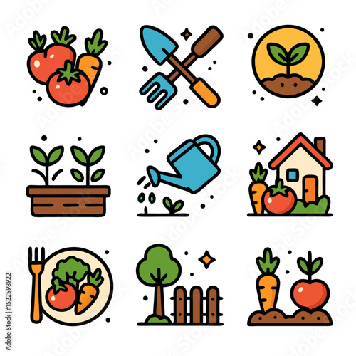 Vegetable garden icons display tools and fresh produce. Suitable for gardening flyers, farm markets, recipe websites, and educational materials.