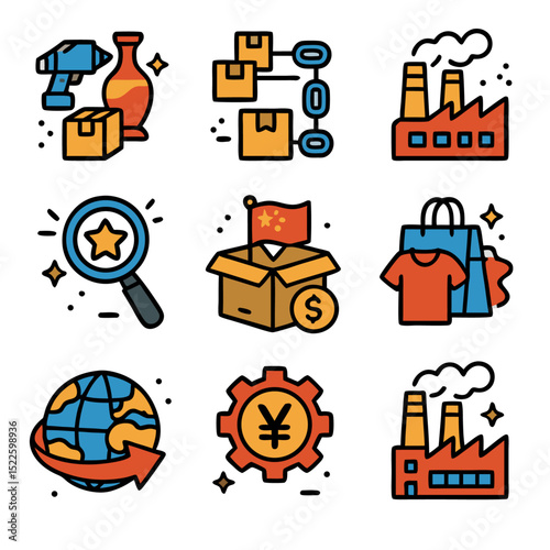 Nine icons symbolizing manufacturing and trade in China suitable for presentations, websites, and educational materials on global economics and supply chain.