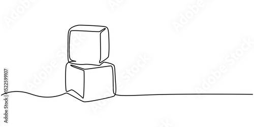 One continuous line illustration of stacked ice cubes, isolated on white background, Continuous line drawing of three ice cubes melting on a surface. Vector illustration, One continuous line