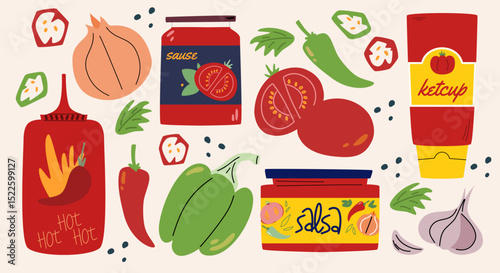 Set of hot and tomato sauces. Stickers with various cans and bottles of spicy dressings, Salsa, Ketchup. Different Hot Chili peppers.