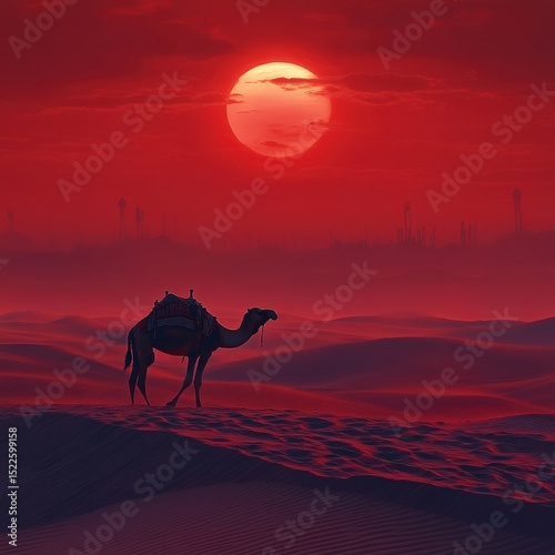 Man riding camel in desert.